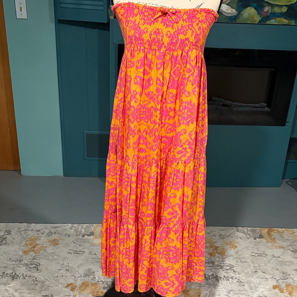 Elegant Pink and Orange Strapless Maxi Dress
